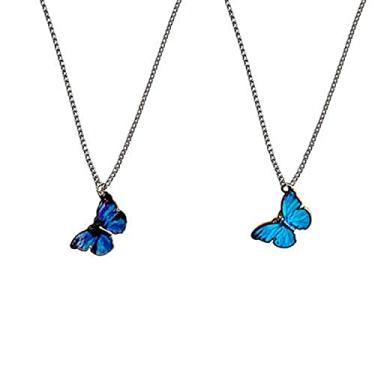 Imagem de Zittop Conjunto de 2 colares de borboleta finos prateados banhados a prata para mulheres, corrente ajustável delicada, joias fofas, conjunto de colares de borboleta com pingente azul e roxo