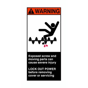 Imagem de Brady Etiqueta de segurança de poliéster autoadesiva 96178, laranja/branco em preto, 15 cm de altura x 7,6 cm de largura, legenda "Parafuso exposto e peças móveis podem causar ferimentos graves