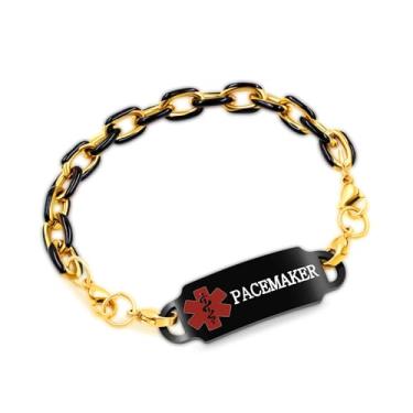 Imagem de Vivaday Pulseira de alerta médico personalizada de aço inoxidável banhado a ouro para homens e mulheres | Pulseiras de alerta de saúde brancas à prova d'água | Estilo Hip Hop Prevenção de Perda
