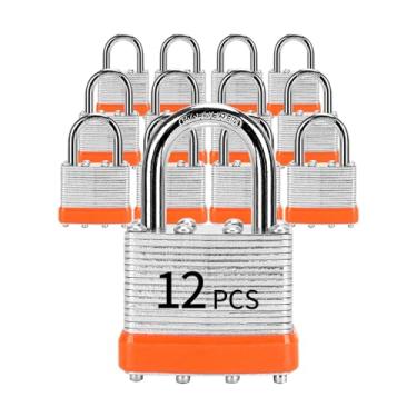 Imagem de LQYN Cadeado laminado com chave (1-9/16 polegadas, 40 mm), fechaduras semelhantes com chave, aro laranja, manilha normal, pacote com 12, trava para armário de academia, bagagem, mala, bagagem, caixa