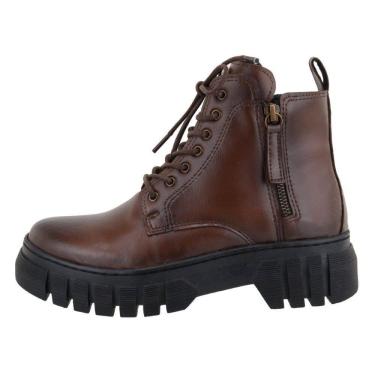 Imagem de Coturno Plataforma Tratorado Feminino Motoqueira Cano Curto Sola Borracha Fechamento Cadarço e Ziper