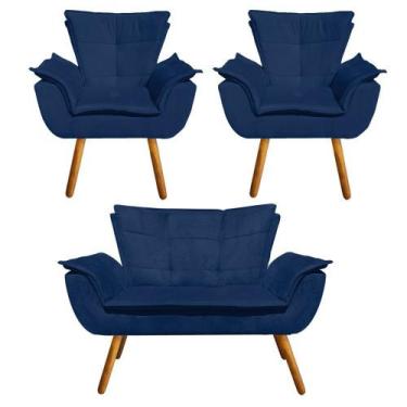 Imagem de Kit Sofá Retrô Namoradeira e 02 Poltronas Opala Suede Azul Marinho - D