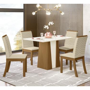 Imagem de Conjunto Sala De Jantar Tampo Mdf Canto Reto 120 Cm 04 Cadeiras Dulce Henn Nature Com Off White E Linho