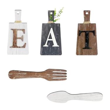 Imagem de Ioensy Conjunto de 5 peças de tábua de corte com placa de comida, arte para pendurar, letras de madeira decorativas para pendurar, placa de comida, garfo e, E