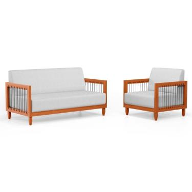 Imagem de Kit Poltrona e Sofá Varanda Samoa Madeira Maciça com Cordas Náutica Linho Rústico Grigio - Abmaza