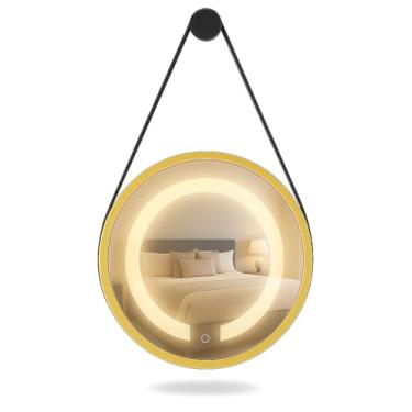 Imagem de ESPELHO ADNET ILUMINADO REDONDO 60CM DOURADO C/ALÇA PRETA TOUCH LED 3000K