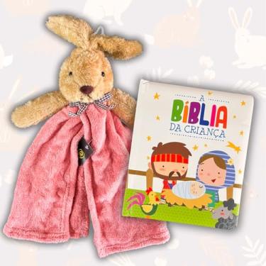 Imagem de Kit Naninha Infantil + Livro "A Bíblia da Criança" para Dormir Bebê Premium Presente (Rosê, Coelhinho)