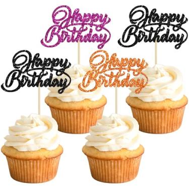 Imagem de Ephlyn 24Pcs Happy Birthday Cupcake Toppers Glitter Happy Birthday Cupcake Picks for Celebrating Halloween Anniversary Theme Party Cake Decorations Supplies Orange Black Purple