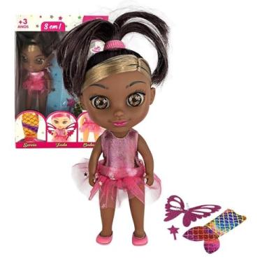 Imagem de Boneca Shiny Angels 3 em 1 Sereia Fada Bailarina Infantil Mágica Troca Roupa Fantasia Asas Acessórios Cabelo Longo Articulada Presente Criança