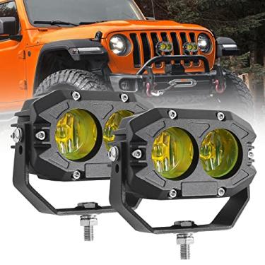 Imagem de BraveWAY Luzes de neblina LED amarelo âmbar de 10 cm 80 W 9600 lm, feixe de inundação, luzes LED para veículos off-road para dirigir caminhão, caminhonete, motocicleta, SUV ATV UTV 4 x 4 Jeep, pacote com 2