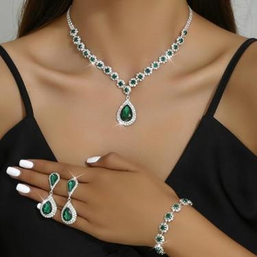 Imagem de Conjunto de joias de noiva verde colar brincos pulseira conjunto de strass prata dama de honra acessórios de formatura roupas de férias, Medium, Latão, Sem Pedra Preciosa