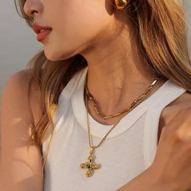 Imagem de Colar com pingente de cruz âmbar, ouro, aço inoxidável, pingente para mulheres, presentes de festa de aniversário, feriado, standard, Metal, Sem Pedra Preciosa