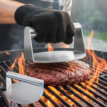 Imagem de Prensa de hambúrguer de aço inoxidável, fundo plano de hambúrguer liso antiaderente sem sulcos, grelha de bacon perfeita para cozinhar