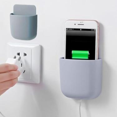 Imagem de Suporte de armazenamento de plástico montado na parede, suporte de telefone de carregamento adesivo, suporte organizador de controle remoto multiuso, recipiente compacto (cinza)
