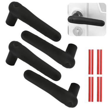 Imagem de UFURMATE Capas de maçaneta de porta, 4 peças, protetores de luva de maçaneta de silicone preto com fita adesiva anticolisão para alavancas de porta quadradas planas