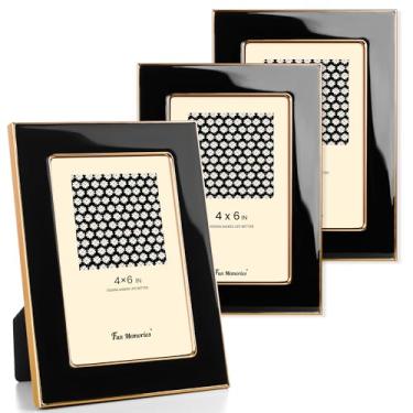 Imagem de Fun Memories Porta-retrato 10 x 15 cm – Moldura de vidro esmaltado preto com borda de metal dourado e cavalete para exibição em bancadas, mesas, estantes de livros, mesas, paredes (preto/dourado)