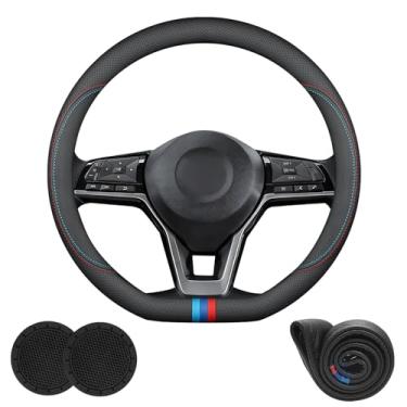 Imagem de Capa de volante de carro redonda e em forma de D, ajuste universal para acessórios Nissan Altima Rogue Pathfinder Sentra Versa Kicks, fundo plano de 35 a 38 cm, couro napa com logotipo, antiderrapante