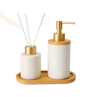 Imagem de Kit Banheiro de Cerâmica 2 Peças – Dispenser Porta Sabonete Líquido e Porta Escova de Dente | Ideal para Lavabo e Decoração Elegante(BRANCO DIFUSOR LISO)