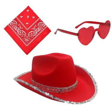 Imagem de 3 peças de chapéu de cowboy fantasia de Halloween chapéu de vaqueira, chapéu de cowboy rosa chapéu de cowboy feminino, óculos de sol em forma de coração, bandana rosa