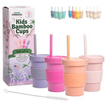 Imagem de Grow Forward Copos infantis de bambu com tampas e canudos - Copos de 290 ml para crianças com tampas torcidas à prova de crianças e canudos de silicone - Ecológico, livre de BPA, não tóxico e seguro