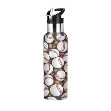 Imagem de ATTX Garrafa de água de aço inoxidável de 590 ml com canudo e estampa de bolas de beisebol, sem BPA, para academia, trabalho, atividades ao ar livre e viagens #80