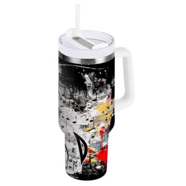 Imagem de xigua Music Notes Copo de 1,134 g com tampa e canudo, aço inoxidável de vácuo duplo isolado garrafa de água esportiva suporte para copo de café de viagem à prova de vazamento para bebida gelada
