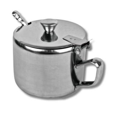 Imagem de Açucareiro em Aço Inox com Colher, Fundo em Vidro Transparente, 200ml ou 420ml, 10cm x 8,5cm, Design Moderno (420 ml)