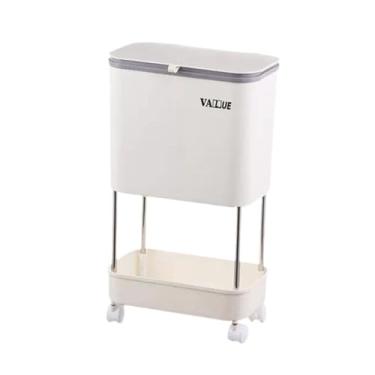 Imagem de Fenteer Lixeira com polia Lixeira com tampa Grande capacidade Estreita prateleira de armazenamento Lixeiras de reciclagem para cozinha Lixeira de triagem, BRANCO, 2 camadas