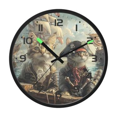 Imagem de SEHANY Relógio de parede engraçado de gato pirata, silencioso, sem tique-taque, operado por bateria, controle de som, luz noturna, relógios de parede para sala de estar, cozinha, quarto, escritório