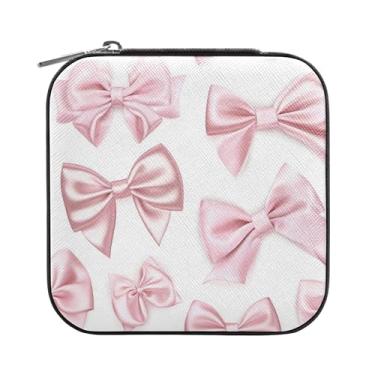 Imagem de SEHANY Caixa de joias personalizada com laço rosa para mulheres, meninas, mini estojo de joias de couro PU, organizador de joias de viagem, caixa de joias para brincos, anéis, colares, presentes para