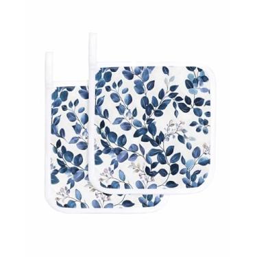 Imagem de Porta-panelas para cozinha – Conjunto de 2 almofadas quentes de forno à prova de calor com folhas de eucalipto pastorais, azul marinho botânico sobre branco para cozinhar e assar