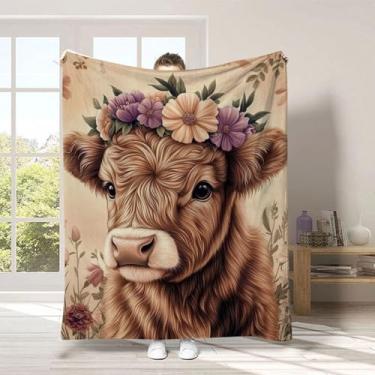Imagem de Manta de vaca Highland de flanela quente, cobertor macio para sofá-cama, decoração de casa com estampa de animal fofo, lavável na máquina, B8,150 cm x 200 cm, 152,4 cm x 198,1 cm