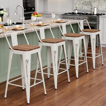 Imagem de Alunaune Conjunto de 4 bancos de bar de metal de 61 cm de altura para balcão de bar industrial, cadeiras de bar de cozinha com assento de madeira moderno - encosto baixo, branco envelhecido