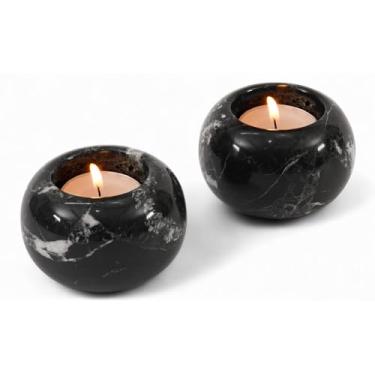 Imagem de SPESHSTONES Castiçal de mármore Tealight Suporte votivo de pedra preta de 8,5 cm para mesa de centro de mesa de Natal e decoração estética terrosa, suporte de vela decorativo para decorações de