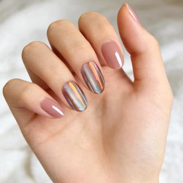 Imagem de Conjunto de 24 peças de unhas de pressão – olho de gato rosa malva claro e cauda de sereia oval curto (2 cm), oval curto, sem cola, fácil de usar, reutilizável, pronto para outono e inverno, com cola