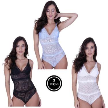 Imagem de Kit 3 Body Renda sem Bojo com Decote -c11 KIT 3 LUIZA PRETO BRANCO AZU