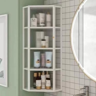Imagem de Armários de banheiro montados na parede, armários de farmácia triangular com portas de vidro, armazenamento de exibição com 3 a 4 prateleiras para organização de banheiro e cozinha