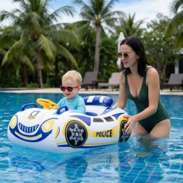 Imagem de Boia de piscina para bebês, design de carro de polícia, boia de piscina infantil com encosto e roda, boias infláveis para crianças de 1 a 3 anos, boias de piscina infantis para meninos e meninas de 1