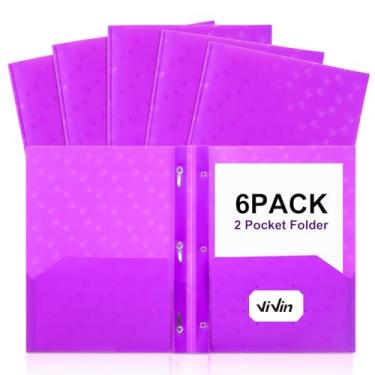 Imagem de ViVin Pastas de plástico com bolsos e pinos, pacote com 6, pasta de arquivo resistente com 2 bolsos com 3 fixadores, serve para papel tamanho carta, para escola, casa e escritório (roxo brilhante)