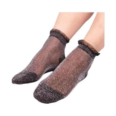 Imagem de Meias Femininas Sexy De Malha De Seda Transparente Com Renda E Babados