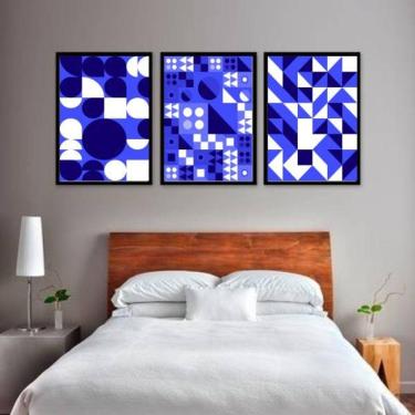 Imagem de Kit 3 Quadros Decorativos Abstrato Azuis Figuras Geométricas