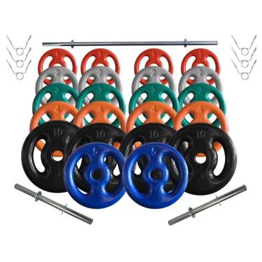 Imagem de Kit Anilhas Emborrachadas 90 Kg + Barras com Presilhas-Unissex