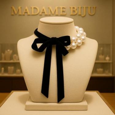 Imagem de Colar Choker Feminino Pérolas com Laço de Cetim Preto Elegante e Sofis