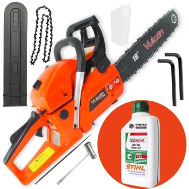 Imagem de Motosserra Vulcan VSL550 Á Gasolina 55CC 3HP Sabre PTA Rolante 18" COR. 3/8 x 1,5mm Com Kit Ferramentas e Óleo Castrol Sthil 500ml Motores 2 temp