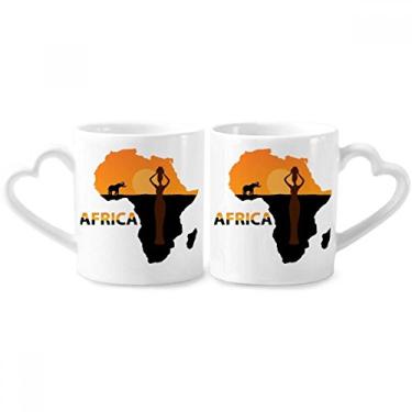 Imagem de Mapa da África Savanna Elefante Vida Selvagem Casal Caneca de Porcelana Conjunto de Cerâmica para Amante de Coração