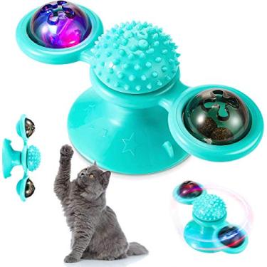 Imagem de LIGHTSMAX Windmill Brinquedo de gato giratório Brinquedos interativos de gato para gatos de interior com ventosa de sucção e arranhões Gatos Escova de cabelo Brinquedos divertidos