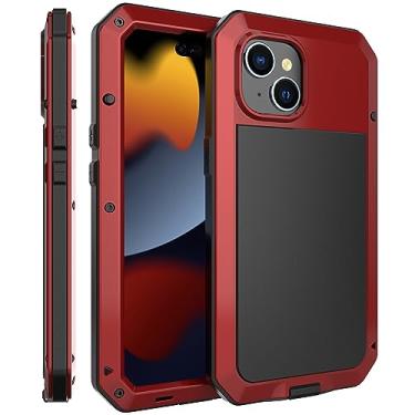 Imagem de Marrkey Capa compatível com iPhone 15 Plus, capa protetora de corpo inteiro 360 resistente à prova de choque [armadura resistente] Capa de metal de liga de alumínio com película de silicone integrada - vermelha