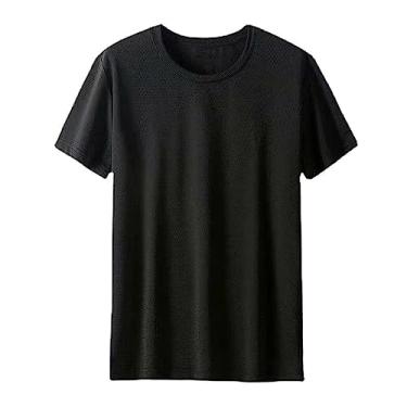 Imagem de Camiseta masculina atlética de manga curta, malha de secagem rápida, lisa, lisa, elástica, Preto, 3G