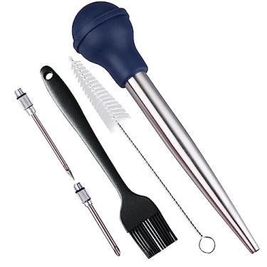 Imagem de Smithcraft Baster de peru, aço inoxidável 18/8, conjunto de injetor de carne de seringa com 2 agulhas e 2 pincéis de limpeza, para saborear carne, aves, carne bovina e frango, azul