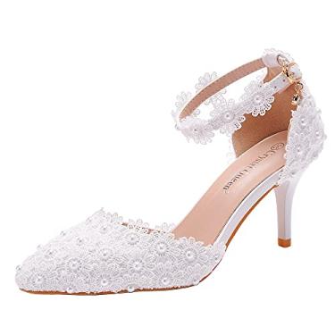 Imagem de Sandálias femininas de salto alto, renda branca, pérolas, sapatos de casamento, bico fino, sapatos de noiva, 7,5 cm, branco, 40